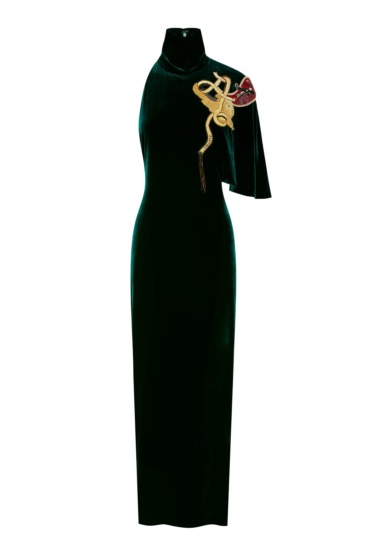 balmain green velvet dress Earle Embellished One-Shoulder Gown in Emerald Kora Dabka Dress