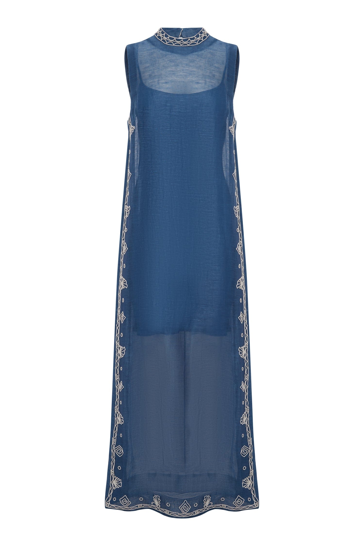 chinese dress ladies Marjorelle Linen-Silk Bead Fringe Trim Tunic Midi Dress – ALEMAIS main image 1
