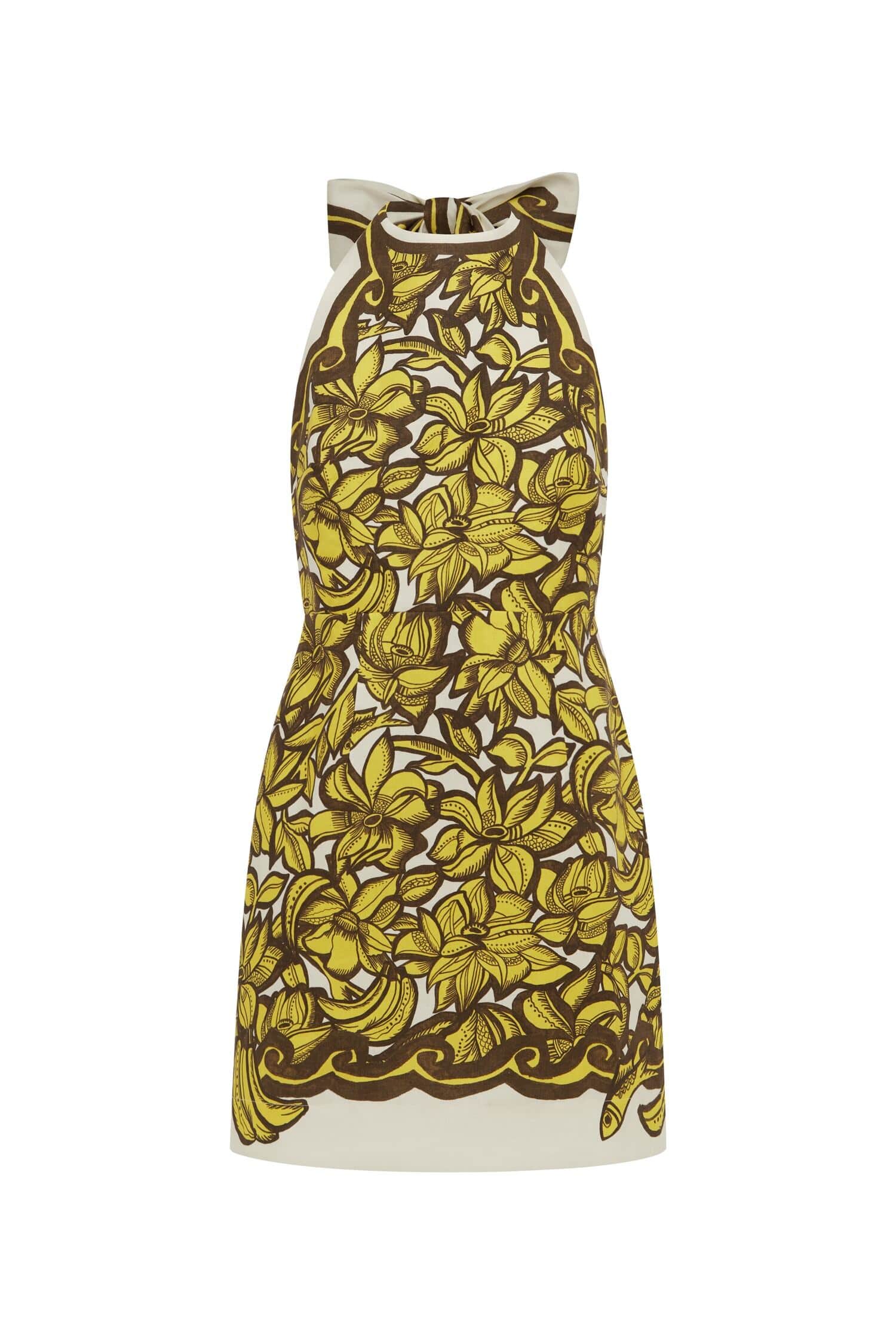 Alémais Mona Mini Halter Dress in Yellow/Chocolate Floral