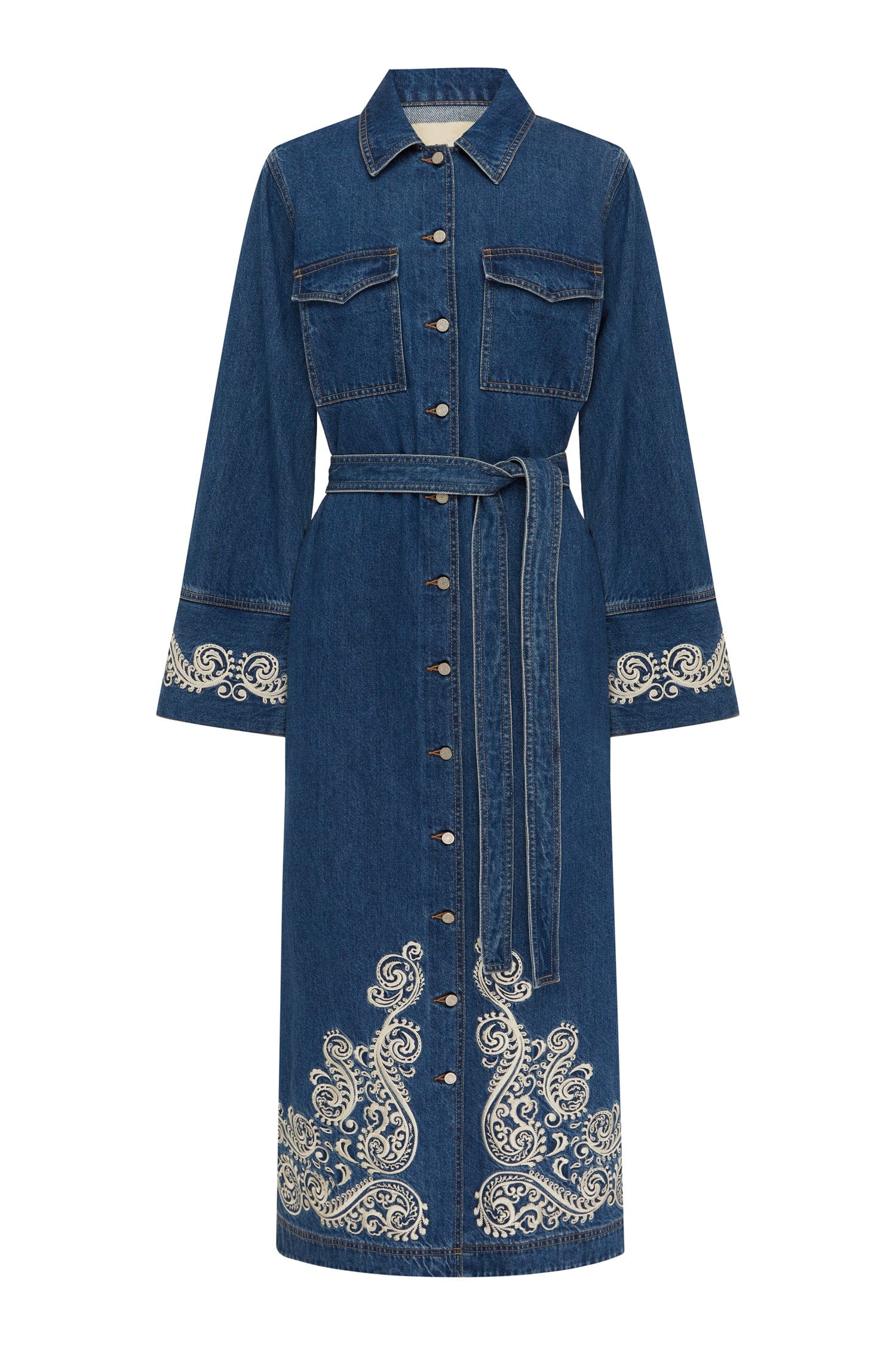 green emerald velvet dress Denim Embroidered Midi Shirt Dress Small