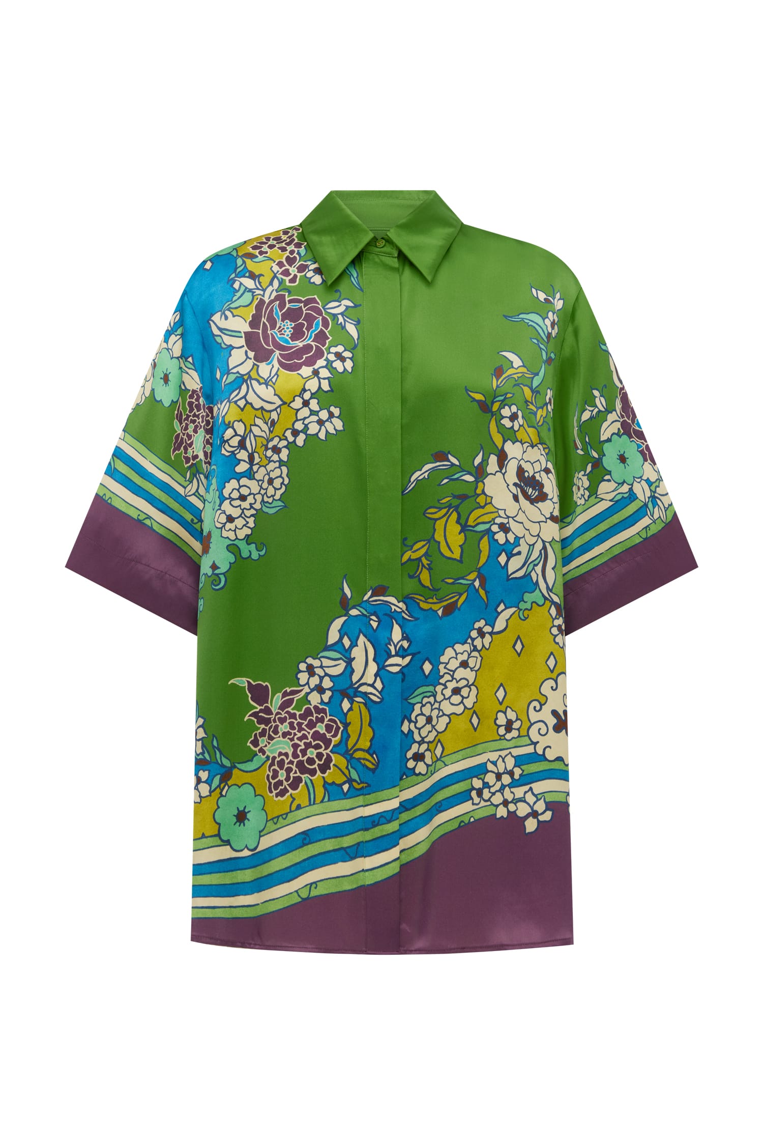 Nanci Silk Shirt in Green/Purple Floral - Alémais