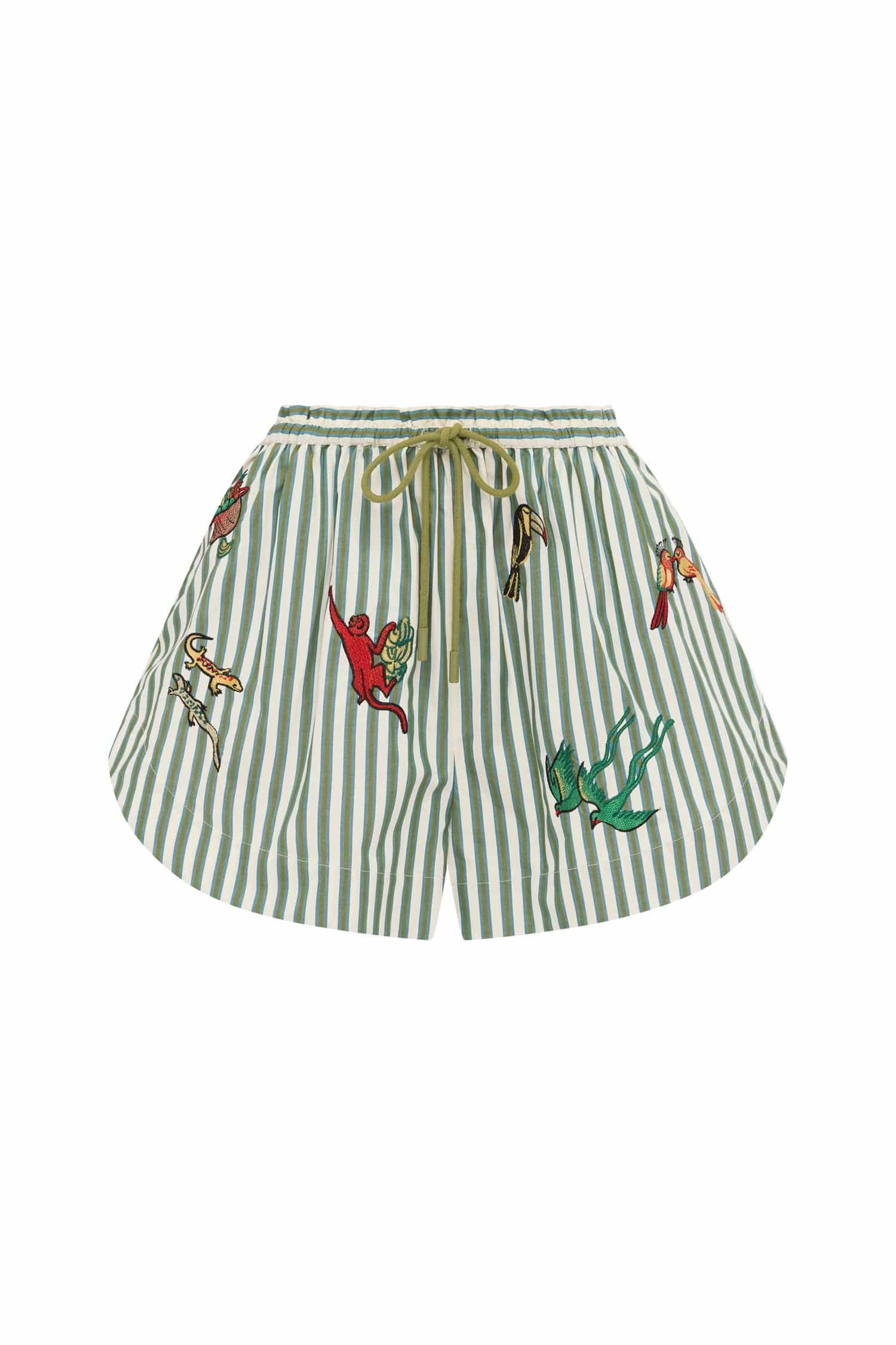 Bisou Organic Cotton Embroidered Shorts in Green Stripe - Alémais