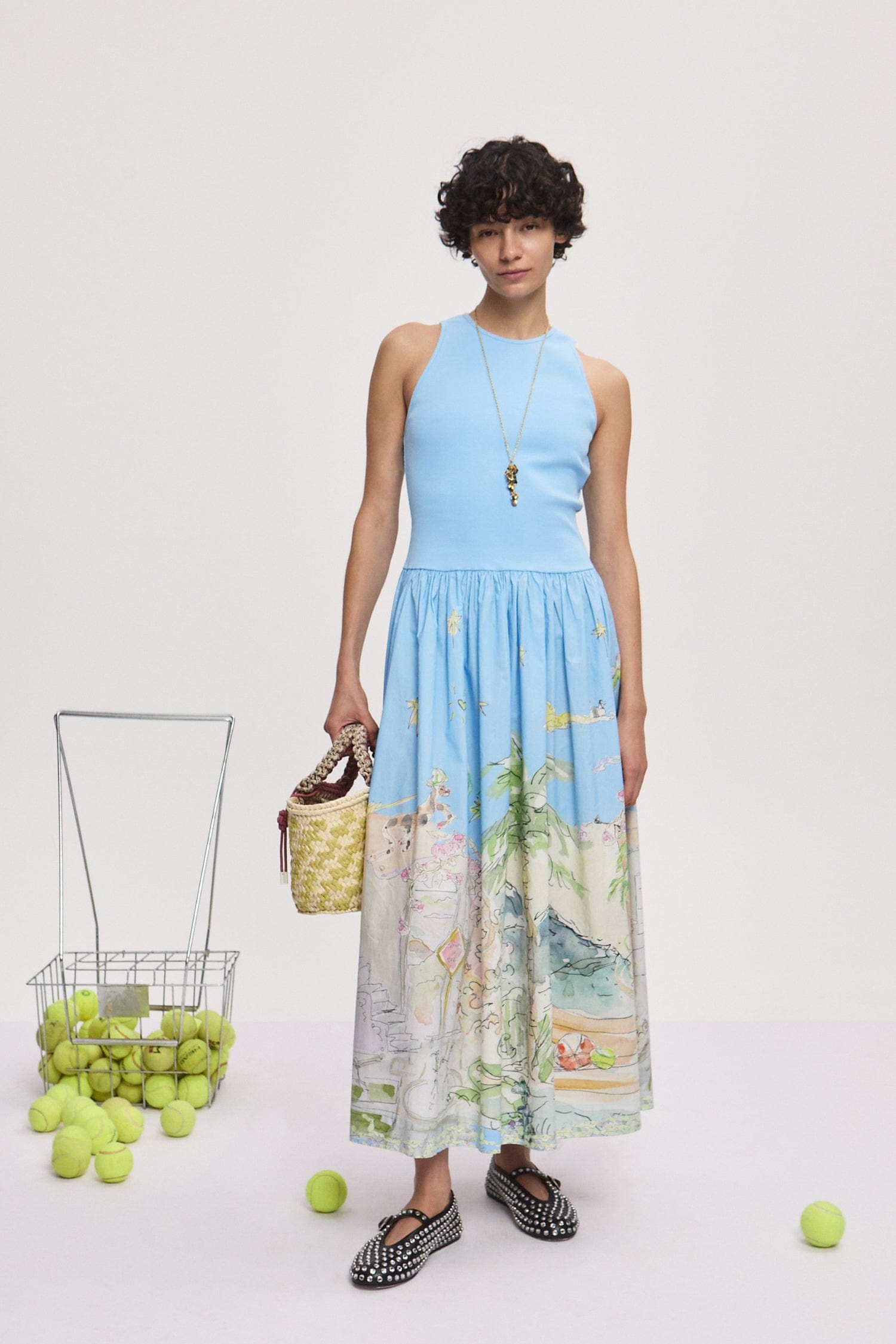 送料関税込み★Alemais★Anoukプリントリネンミディドレス ALÉMAIS + Anouk Colantoni Ballet tie-detailed printed