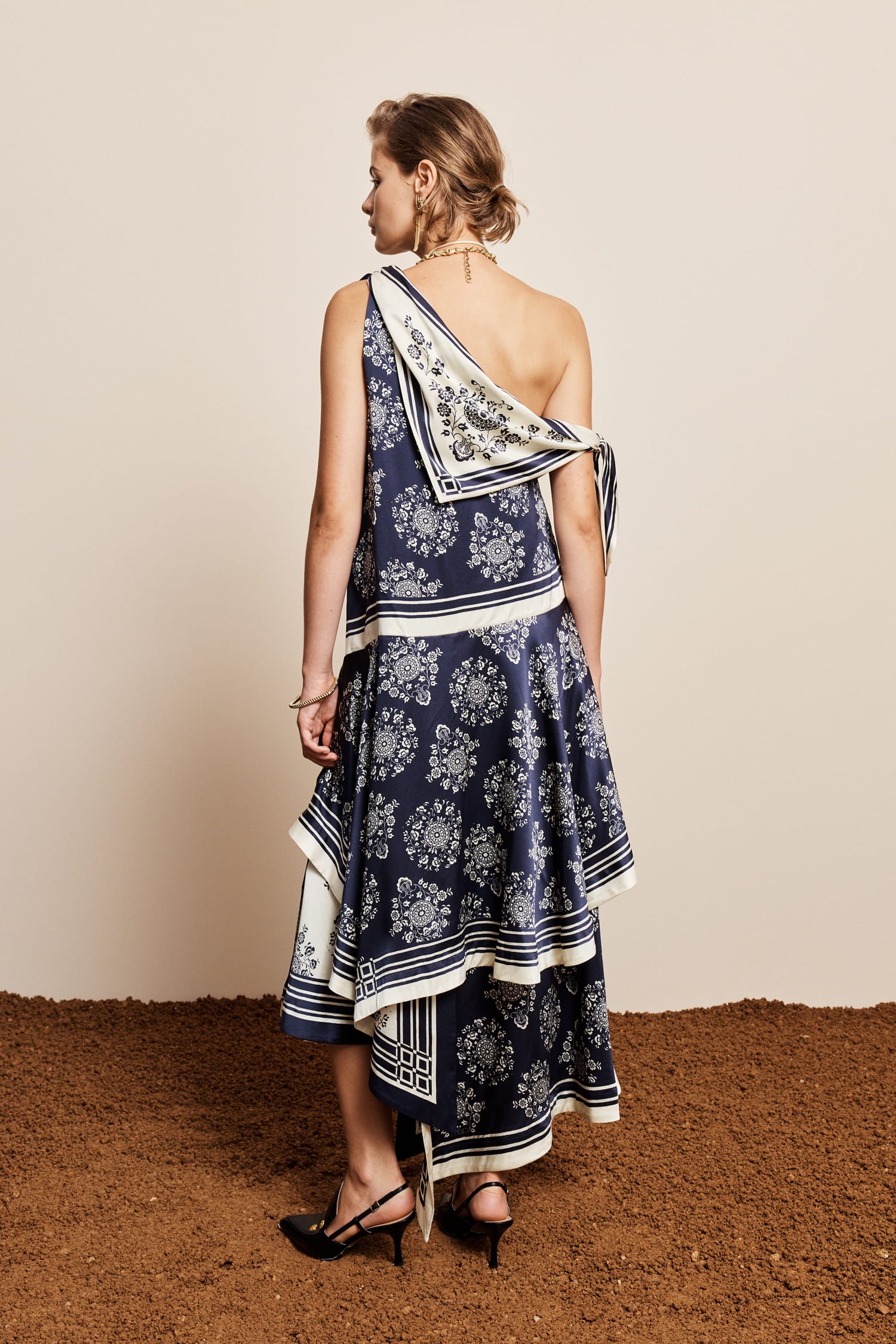 Banderra Silk Scarf Off-Shoulder Dress in Navy/Ivory Floral