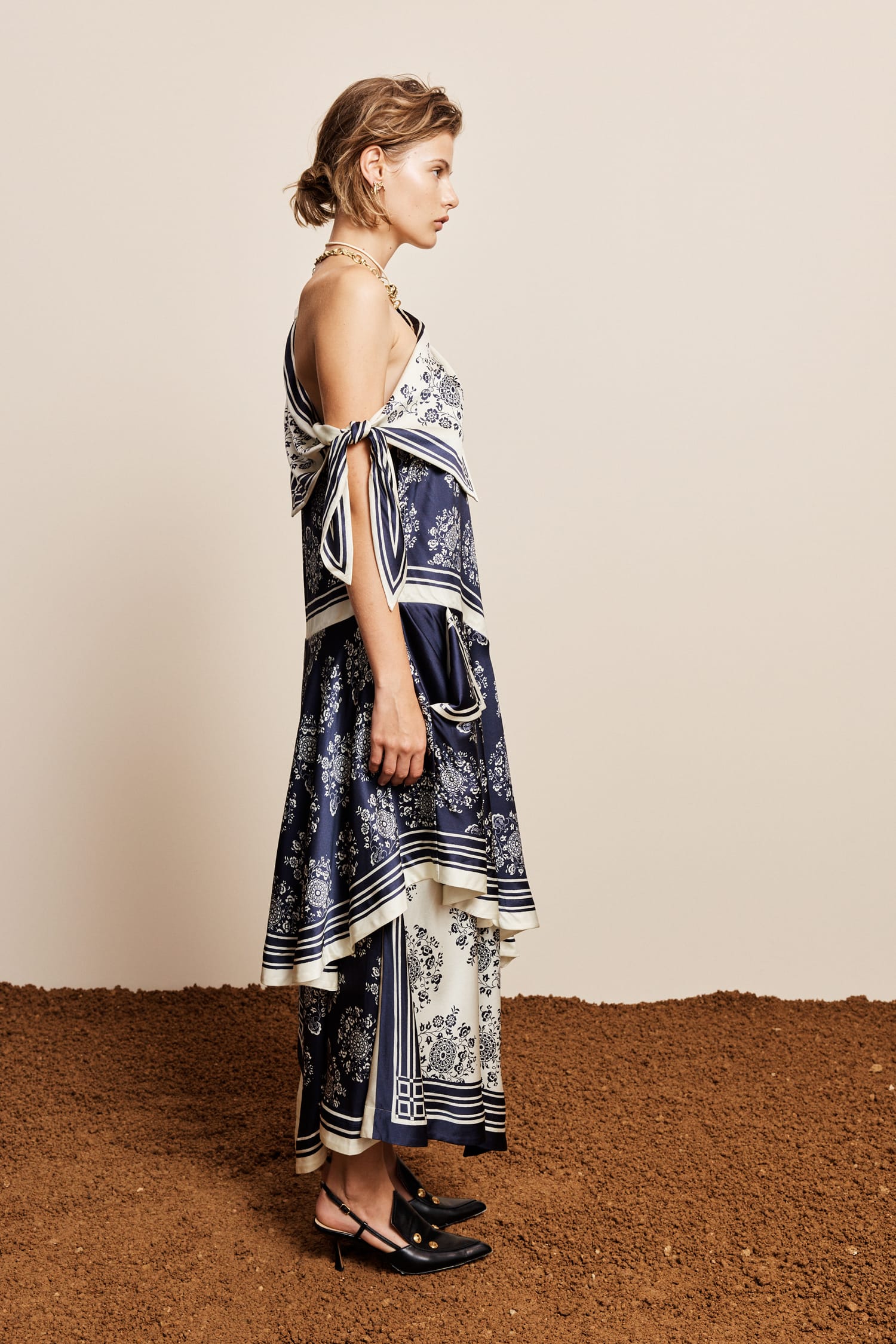 Banderra Silk Scarf Off-Shoulder Dress in Navy/Ivory Floral