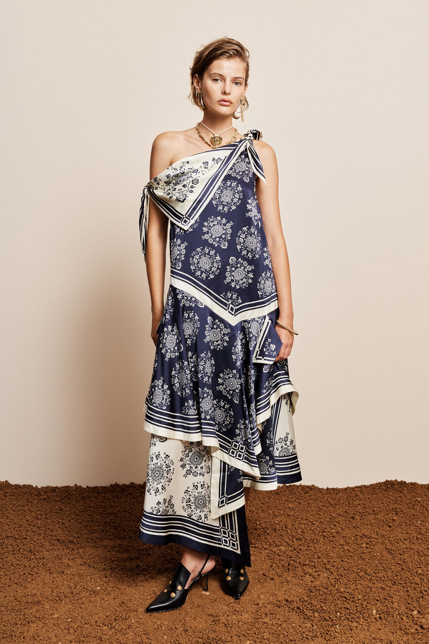 Banderra Silk Scarf Off-Shoulder Dress in Navy/Ivory Floral