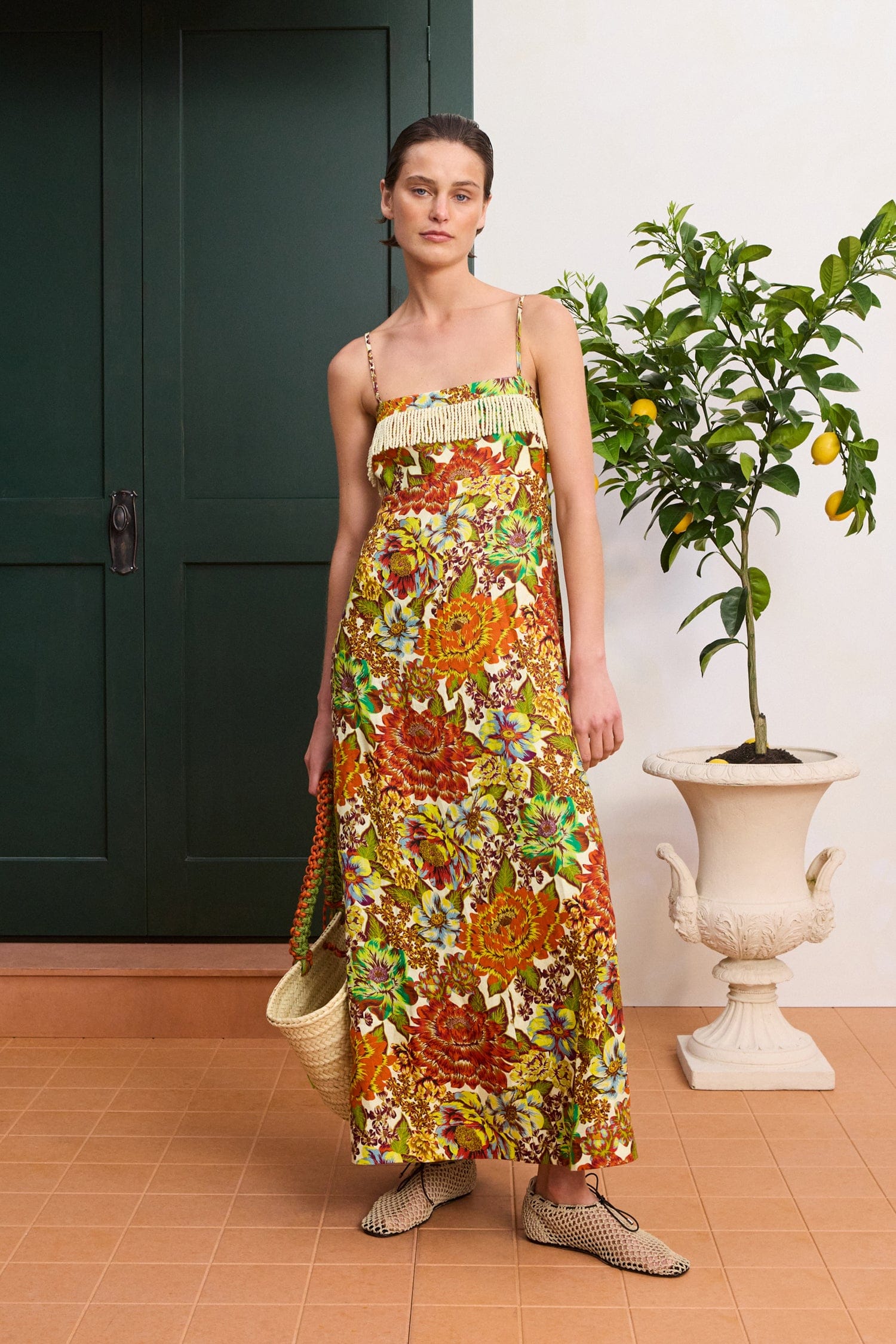 Lana Square Neck Day Dress in Orange Floral