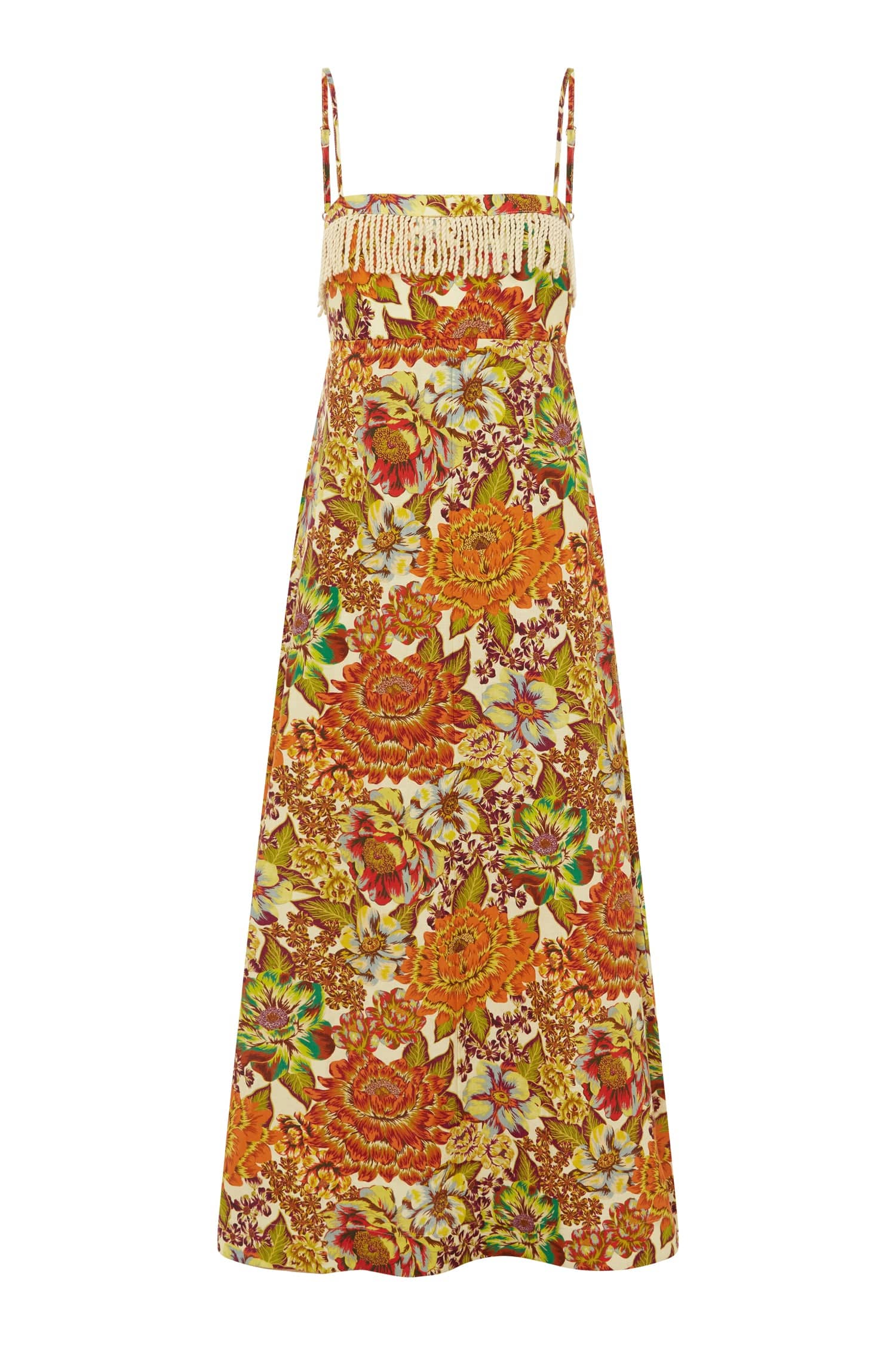 らな　AmerivintageDRESS Lana Printed Linen Square Neck Fringe Day Dress in Orange Floral