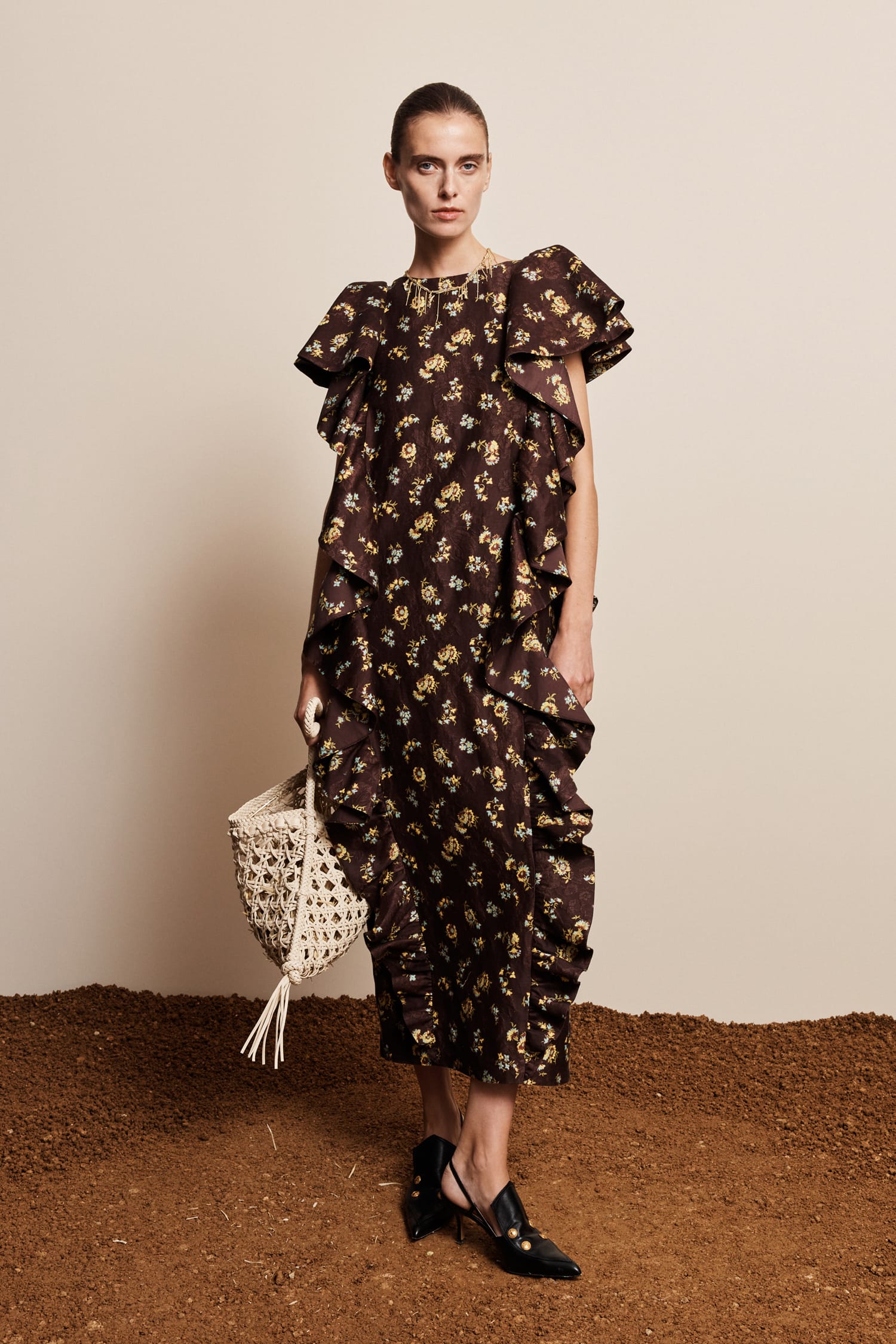 alemais black dress Lilah Linen-Silk Jacquard Ruffle Midi in Chocolate Floral Botanical placement print patchwork Bandeau Mini Bodycon Dress Color:Espresso/Black