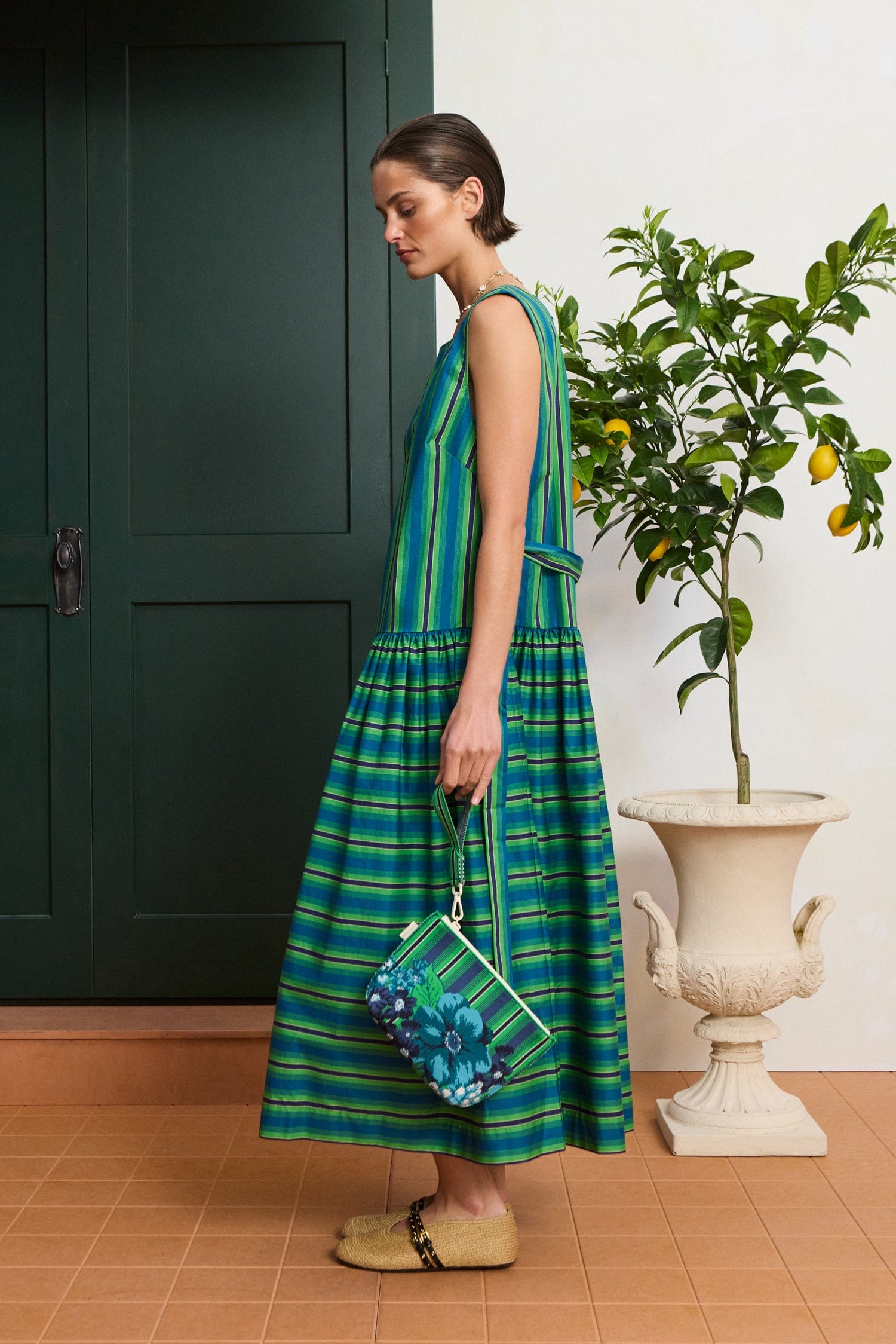 Alémais Margo Midi Dress in Blue/Green Stripe