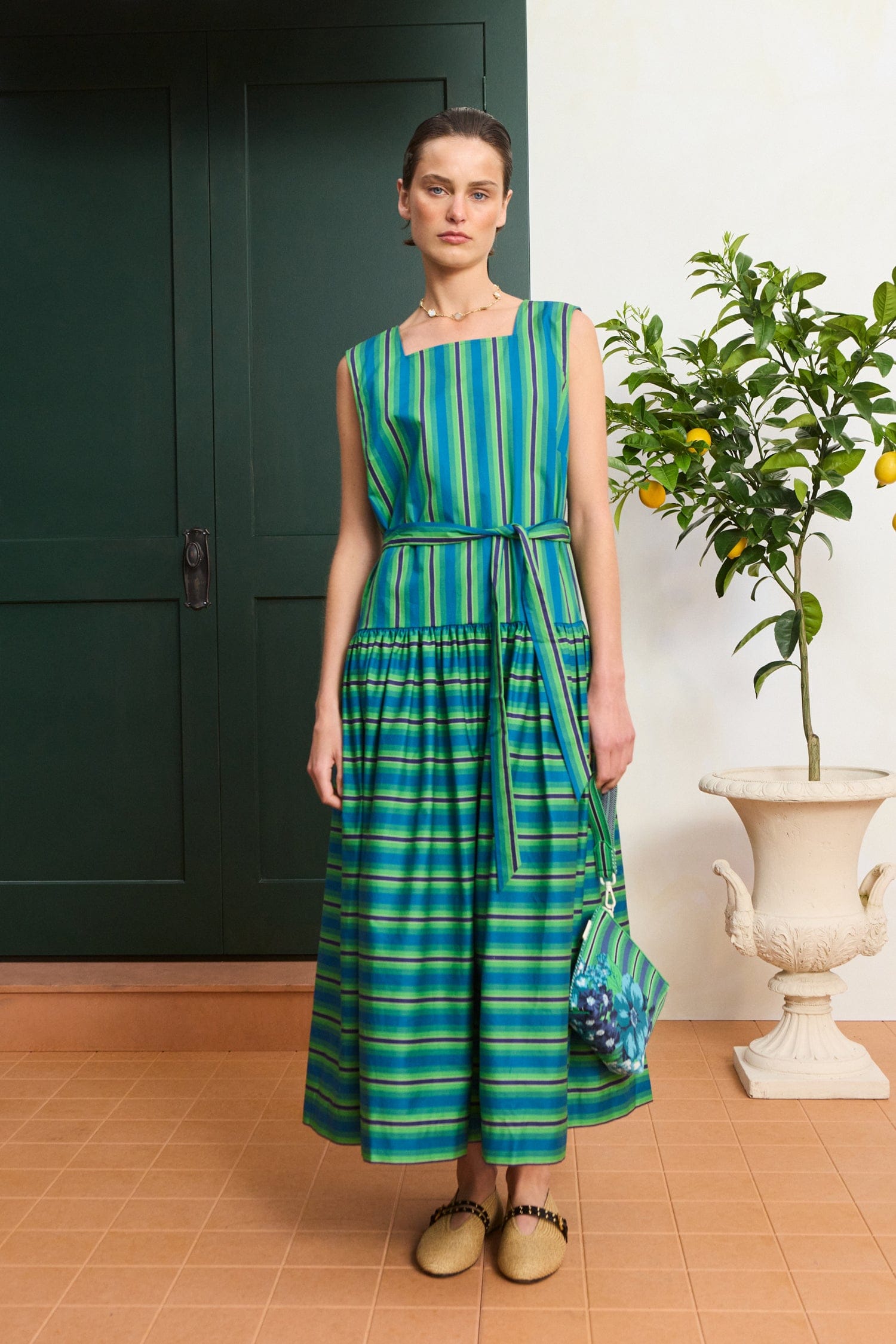 Alémais Margo Midi Dress in Blue/Green Stripe
