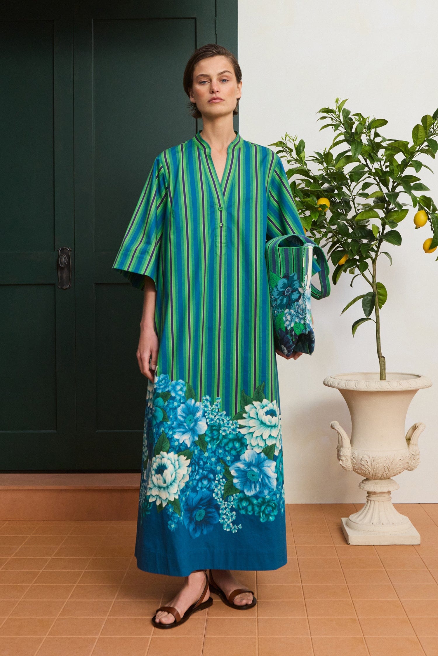 tunic midi dress for women Alémais Margo Tunic Midi Dress in Blue/Green Stripe