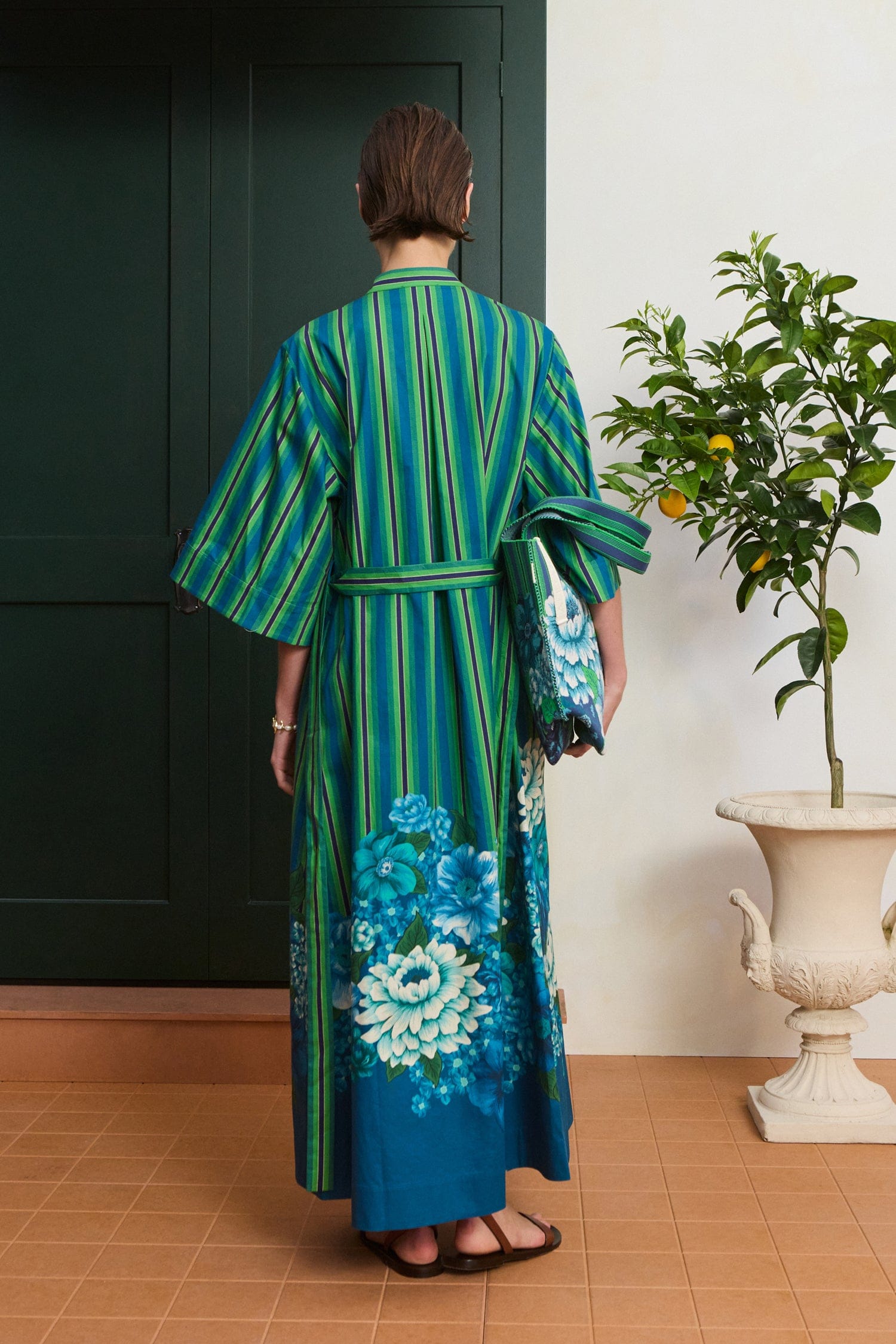 tunic midi dress for women Alémais Margo Tunic Midi Dress in Blue/Green Stripe