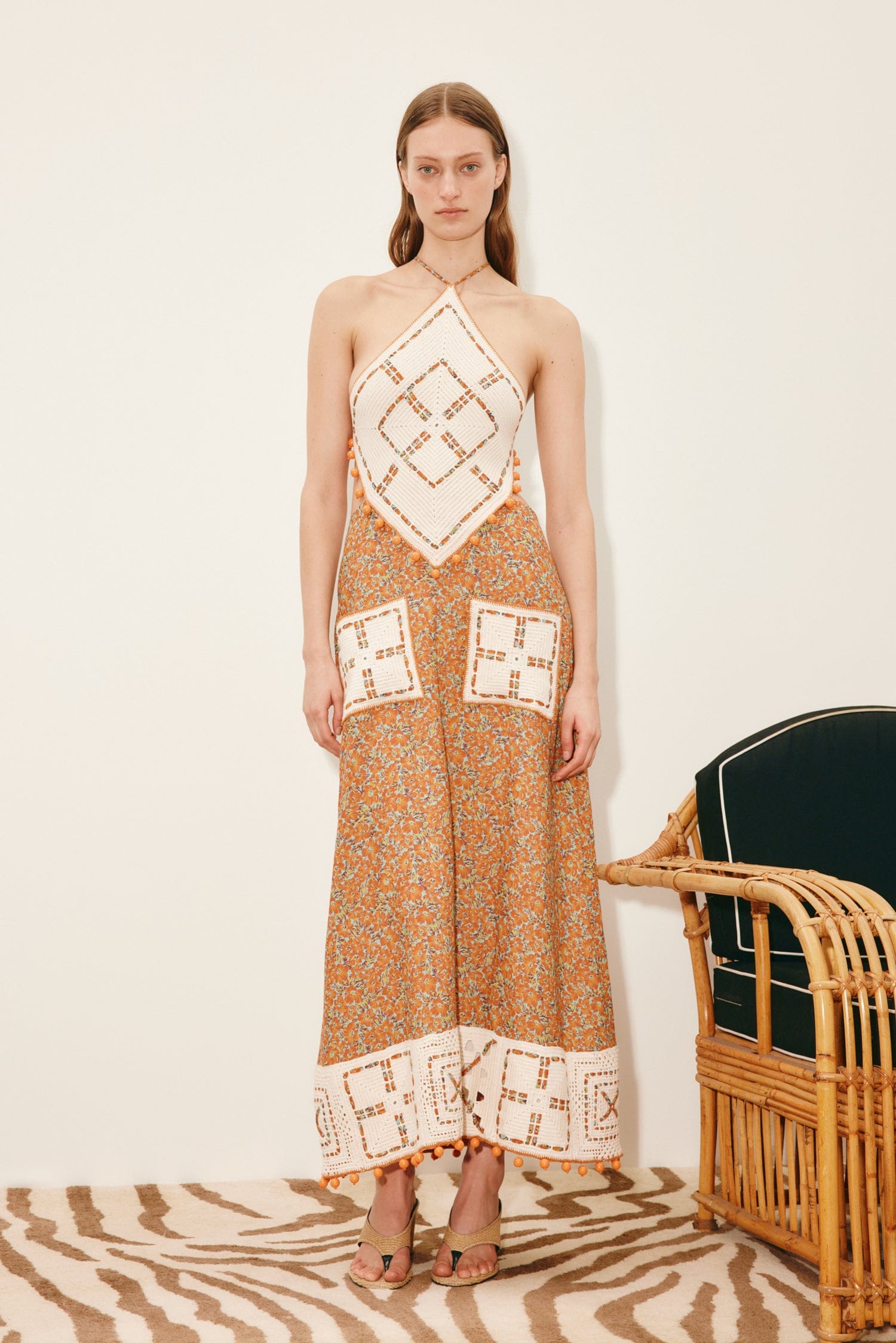 Alemais Marva Crochet Halter Midi Dress in White,Burnt Orange