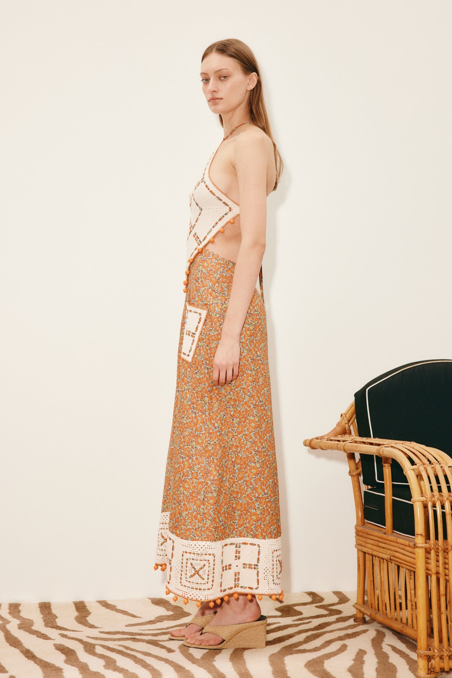 crochet poplin twofer midi dress Alemais Marva Crochet Halter Midi Dress in White,Burnt Orange