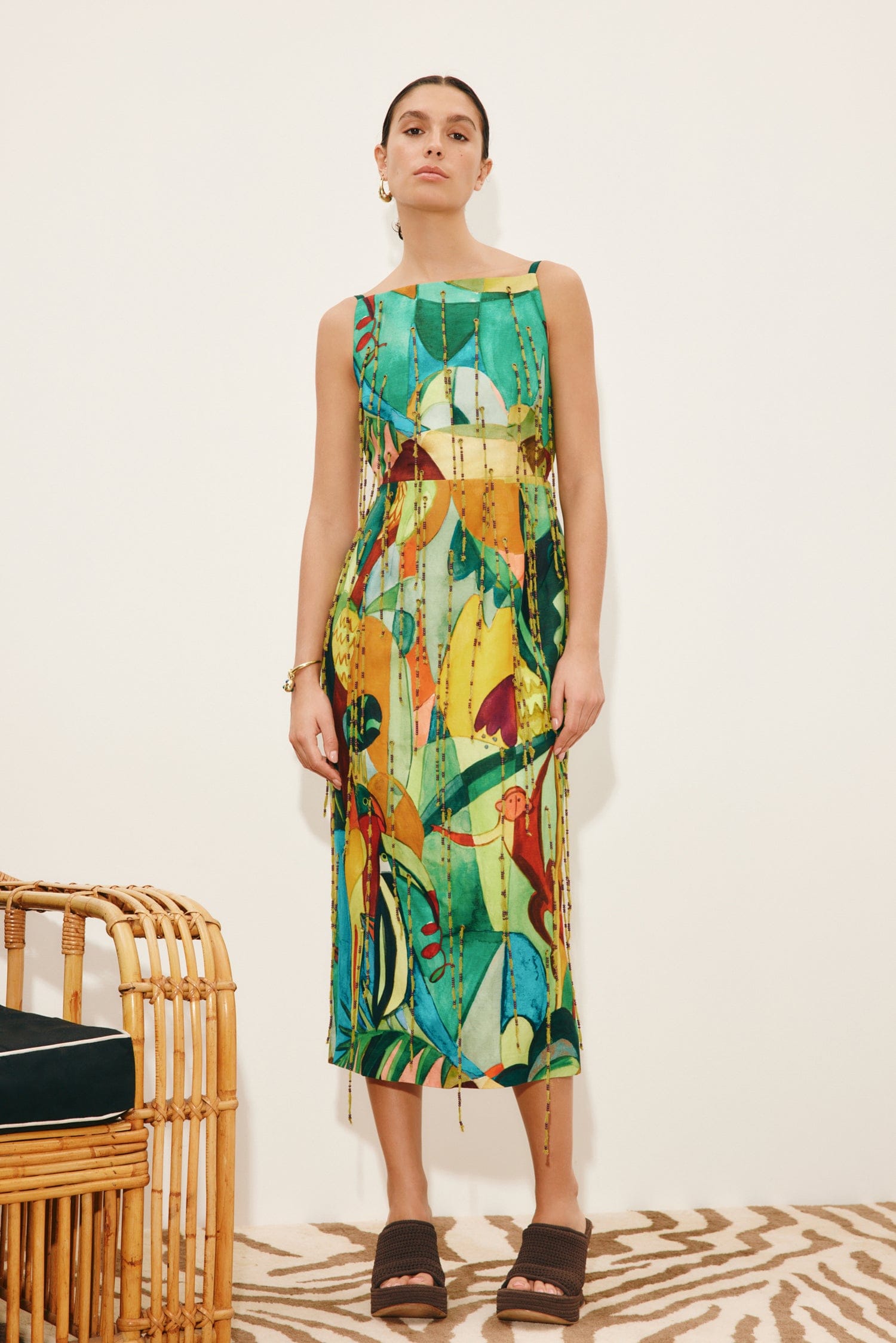 knee length dresses for ladies Wren Green Sequin Midi Dress with Beaded Tassels – Frock and Frill main image 0