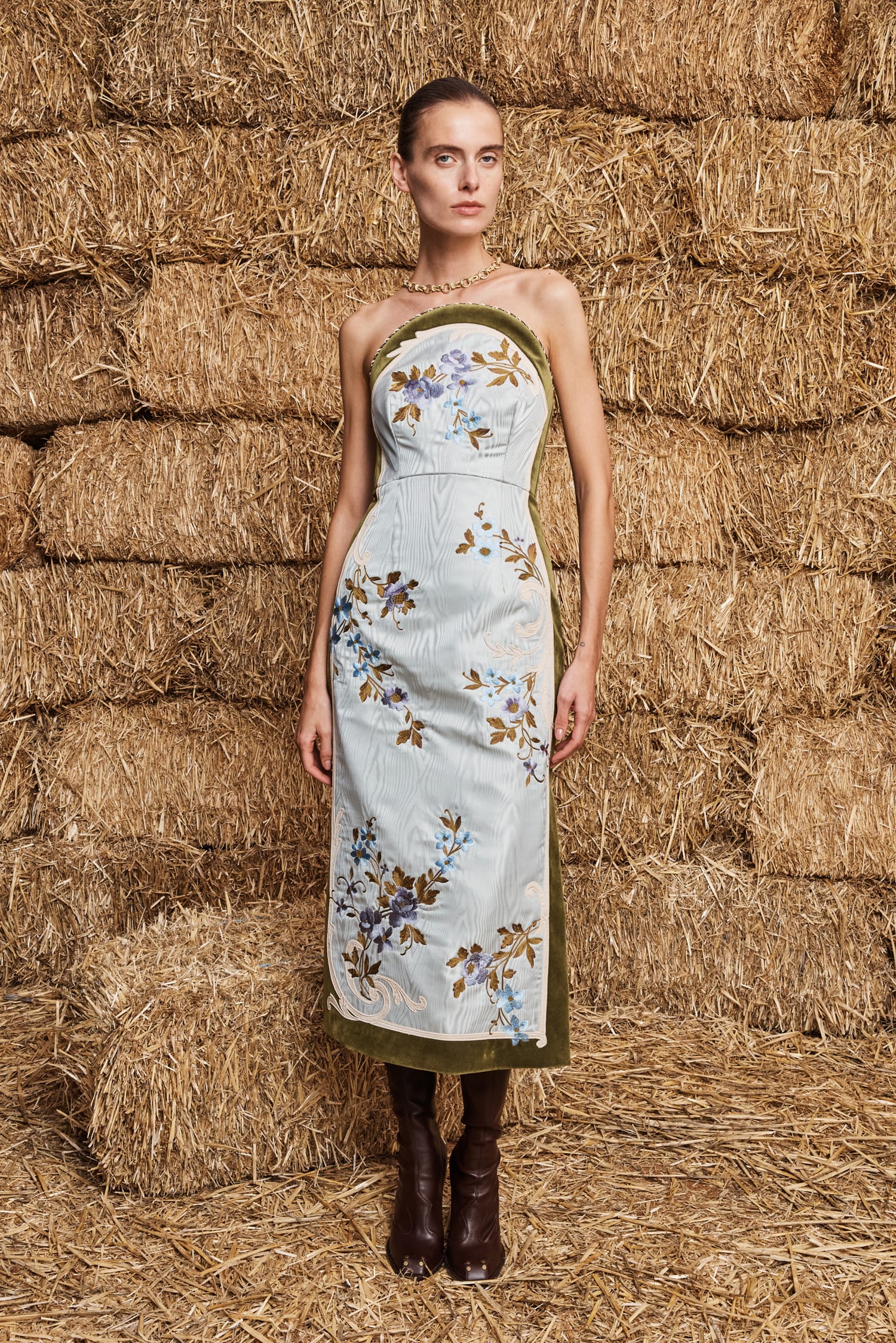midi dress embroidered ODESSA in Green/Blue Floral Size:S -  MADE TO ORDER- 20-30 DAYS button closures at the Satin Midi Dress Emerald Bottom Shape:Straight