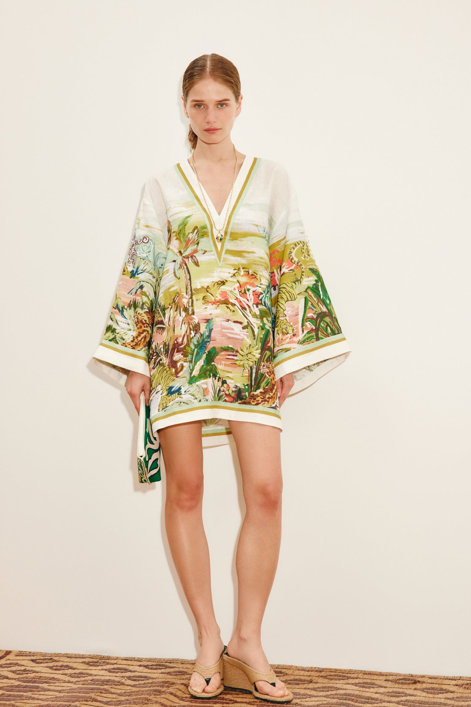 knee length dresses for ladies Easel Printed Wool Peach Woven Surplus Mini Dress In Jungle Green – Deja Nu  Tx main image 0