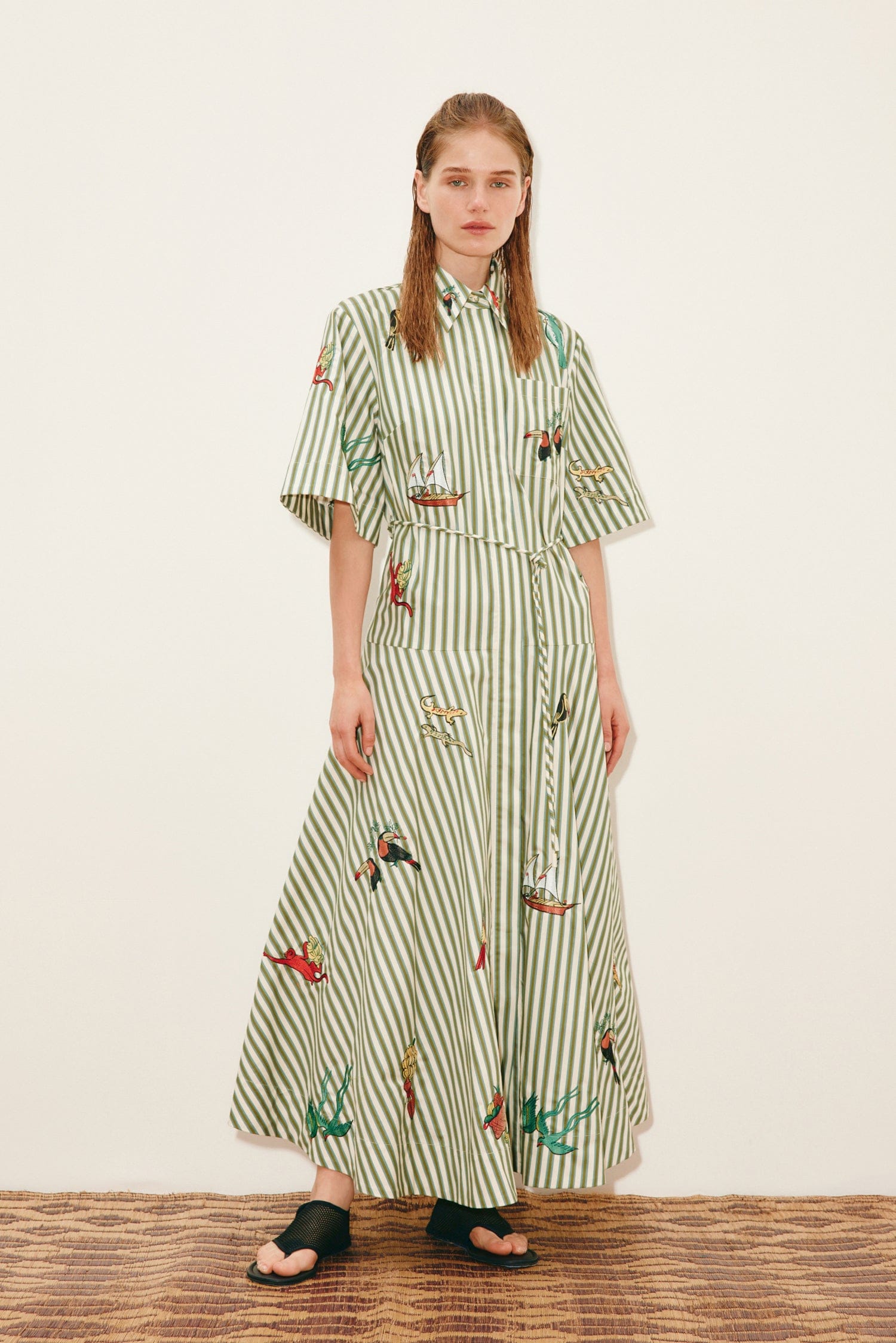 Alémais Women's Bisou Embroidered Striped Cotton Poplin Midi-Shirtdress - Stripe
