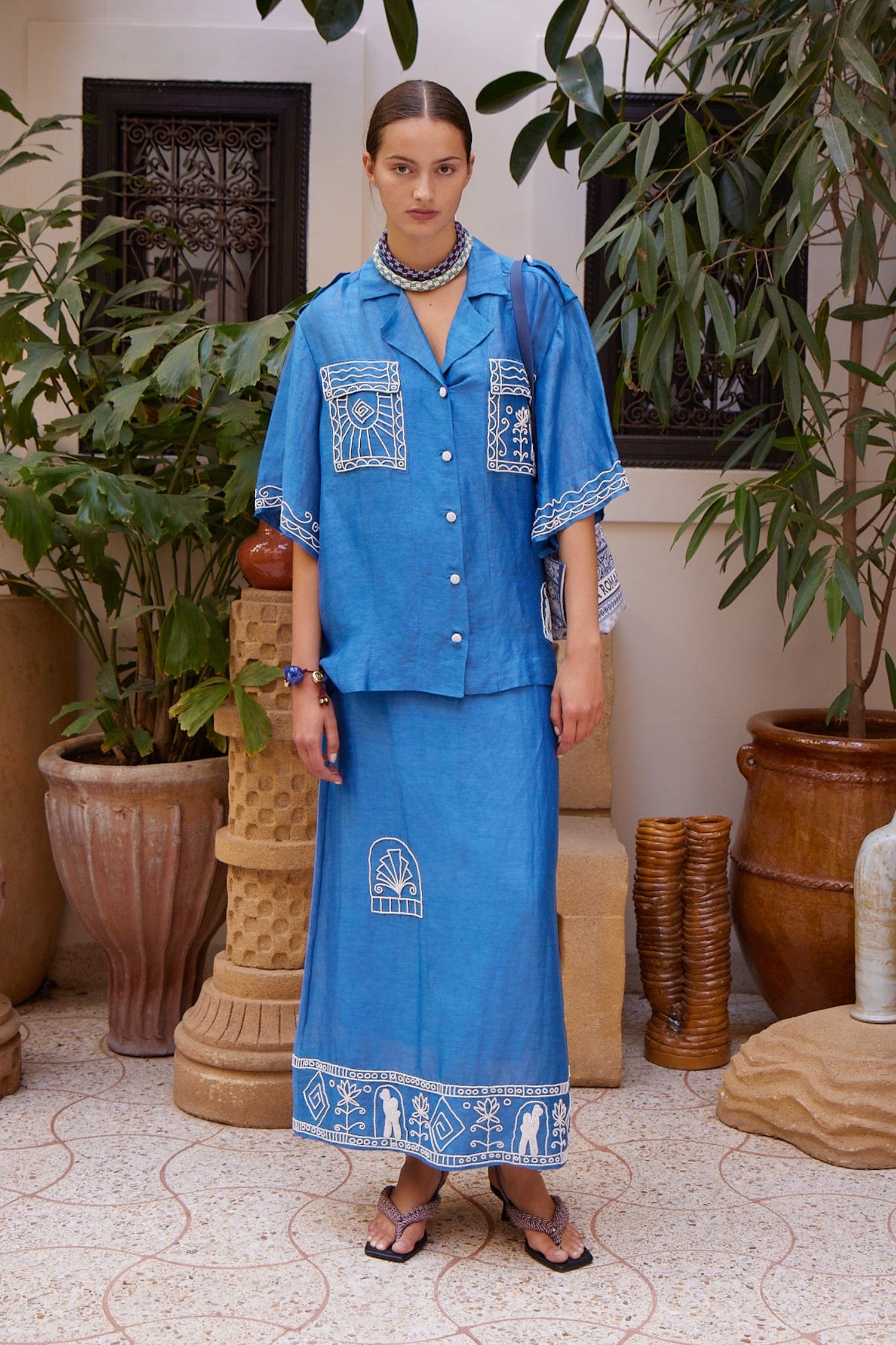 Yasmeen Linen-Silk Embellished Shirt in Blue - Alémais