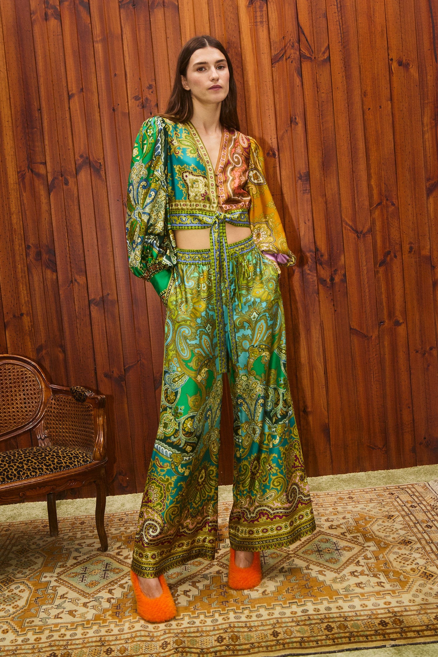 トップス eleven 2nd Silk Plating Linen Slipover CLEMENZA SPLICED CROP SILK BLOUSE