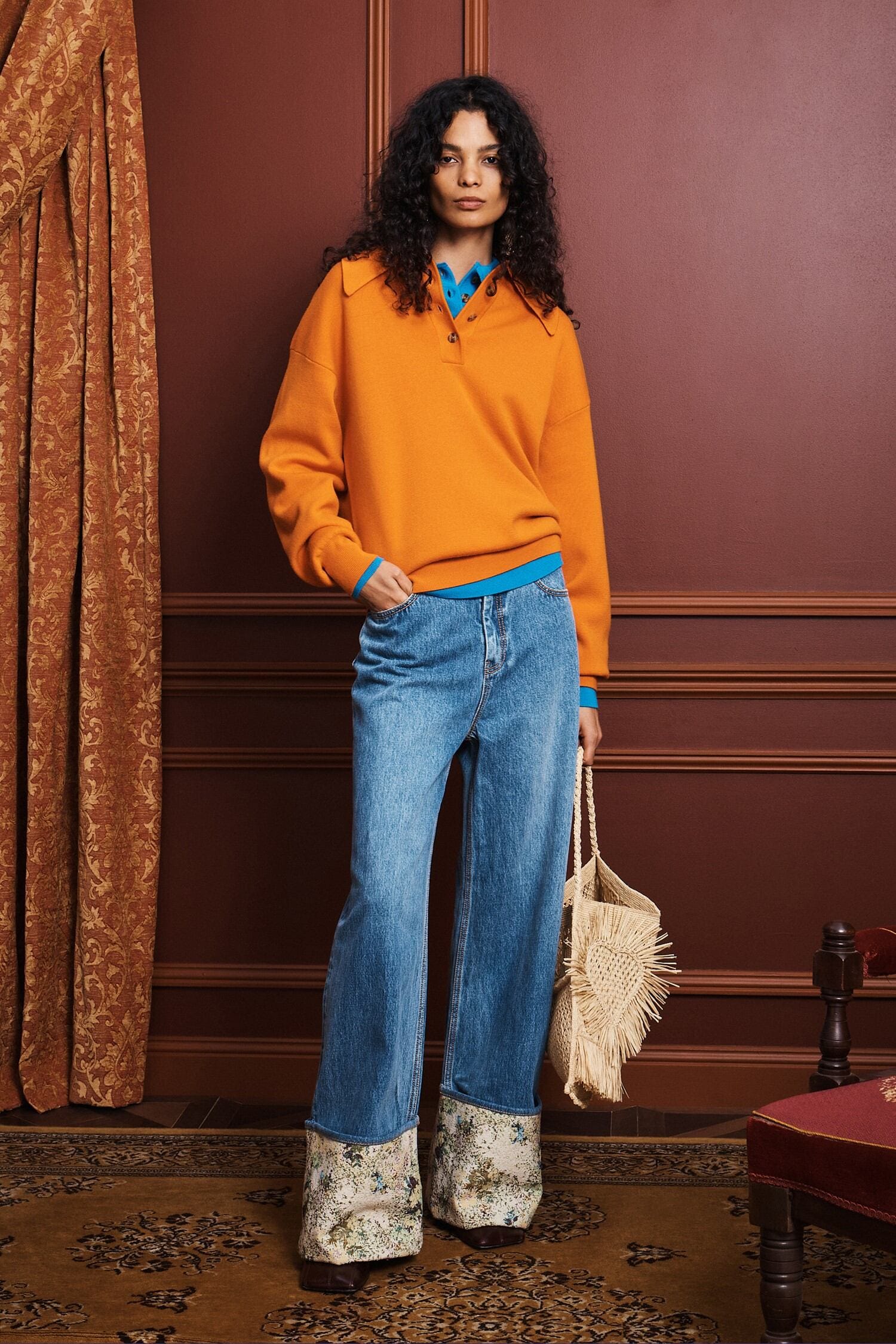 Claudia Knit Wool Polo Sweater in Tangerine - Alémais