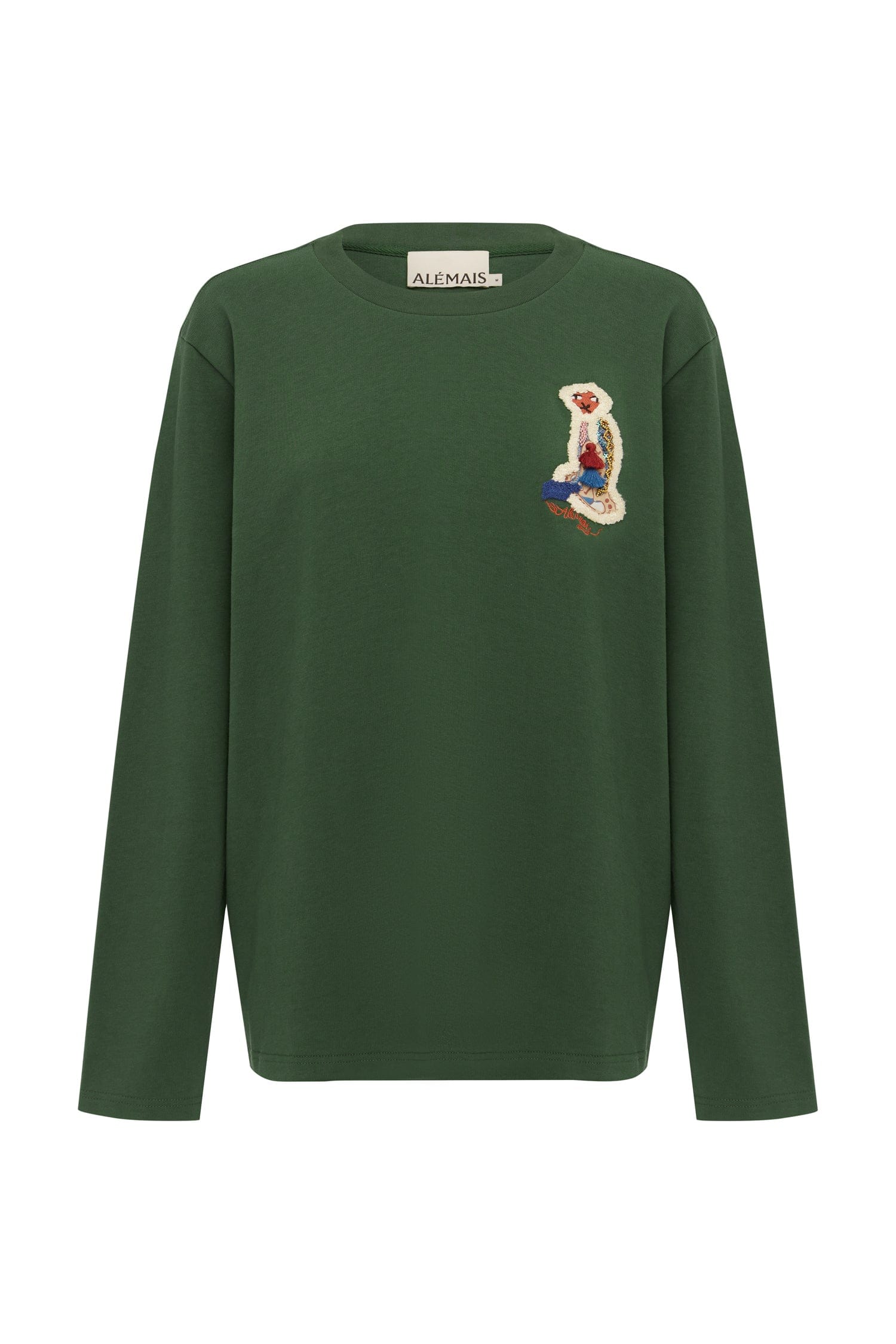 Carmine Cotton Embroidered Long Sleeve Tee in Green
